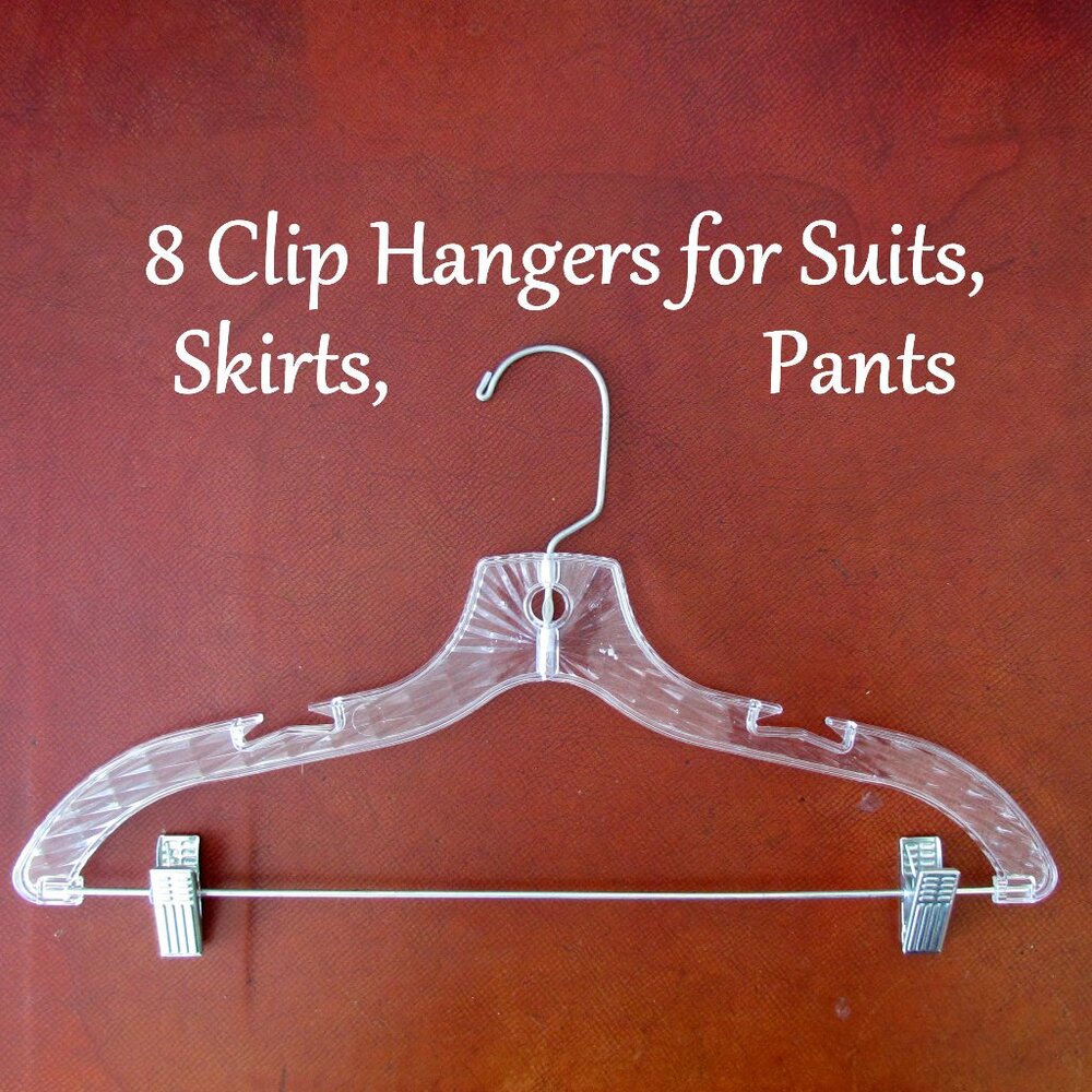 8 HANGERS w CLIPS for SUITS, JACKETS, SKIRTS, PANTS, OUTFITS, COSTUMES, SCARVES